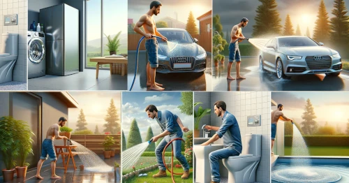 Un homme montre les différentes utilisations de l'eau de pluie