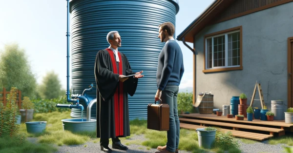 un juge discute de la règlementation de l'eau de pluie avec un propriétaire