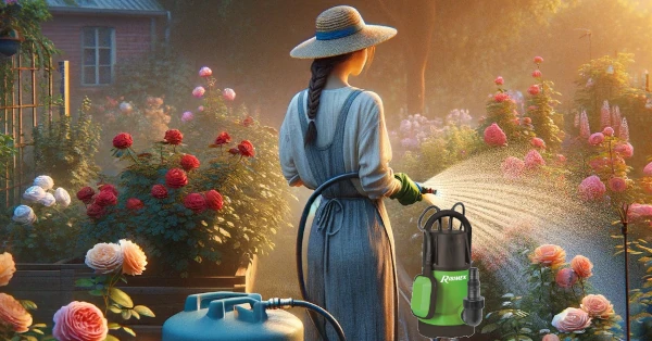 Une femme teste la pompe Ribiland en pompant une cuve pour arroser des rosiers